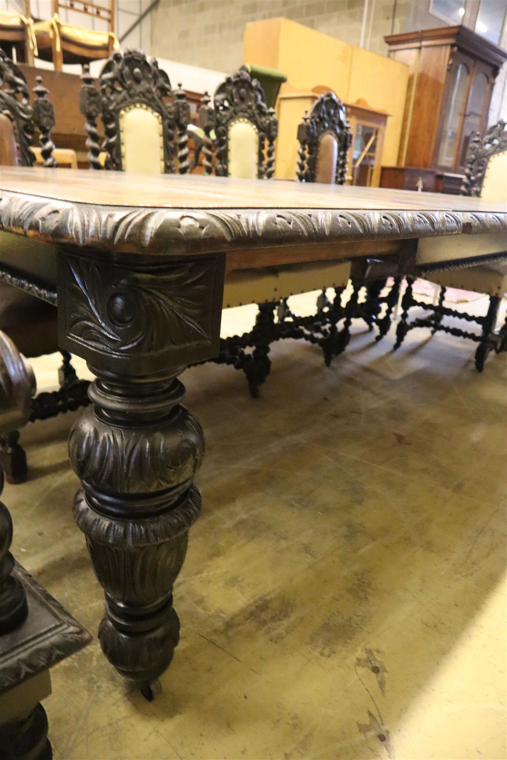 A Victorian carved oak extending dining table, with two spare leaves, length 244cm extended, width 118cm, height 78cm